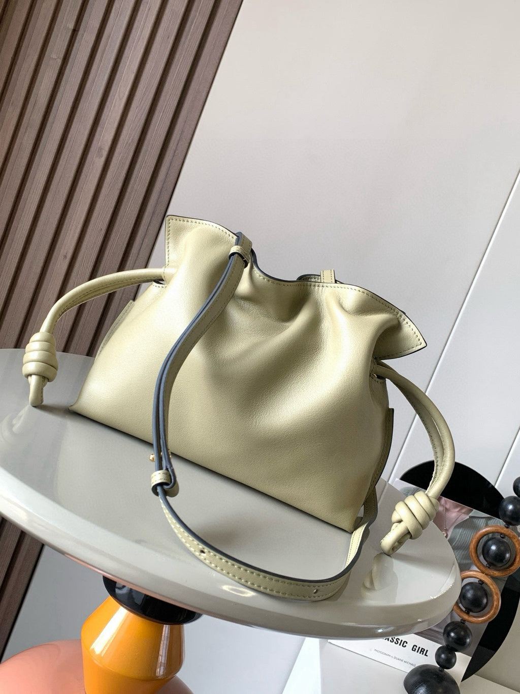 LOEWE 25S MEDIUM FLAMENCO CLUTCH BAG 23 IN DUSTY KHAKI CALFSKIN
