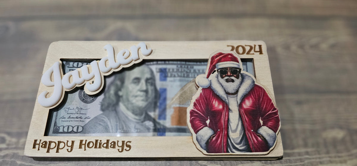 Personalized Wood & Acrylic Christmas Money Cash Envelope Holders with Santa and Elves. Cool Santa, Black Santa Claus, Sunglasses, or Elf